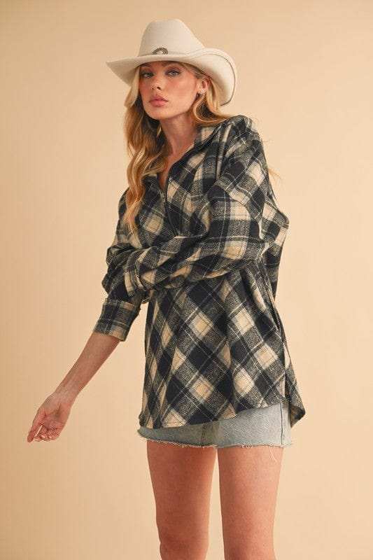 Aemi + Co Slit Plaid Half Zip Drop Shoulder Top - Trendsi - Flyclothing LLC