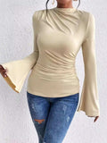 Bell Sleeve Ruched Fitted T-Shirt with Mock Neck - Trendsi - Flyclothing LLC
