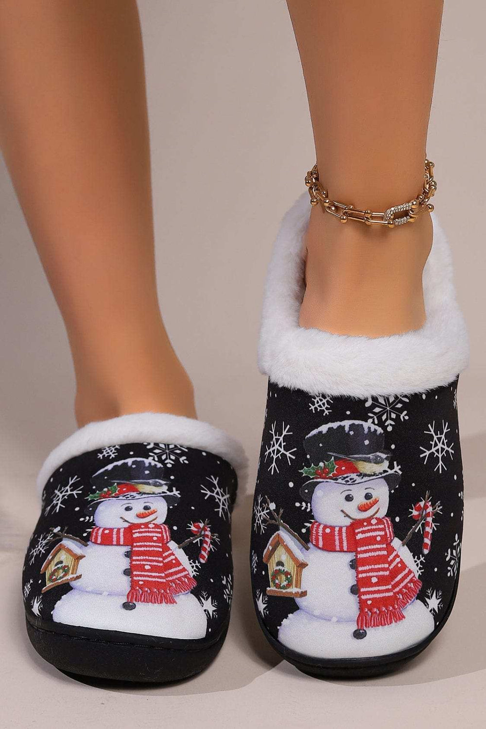 Snowman Round Toe Faux Fur Slippers - Trendsi - Flyclothing LLC