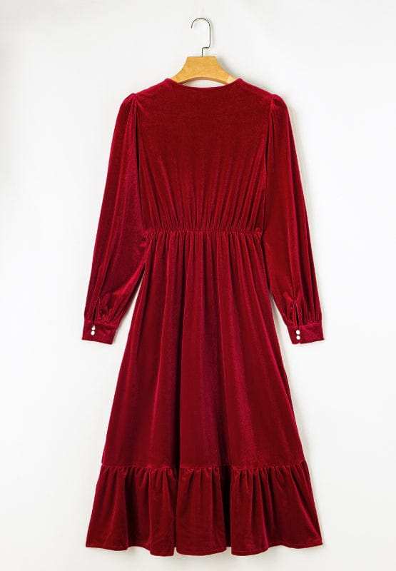 Ruffle Hem Slit V-Neck Long Sleeve Dress - Trendsi - Flyclothing LLC