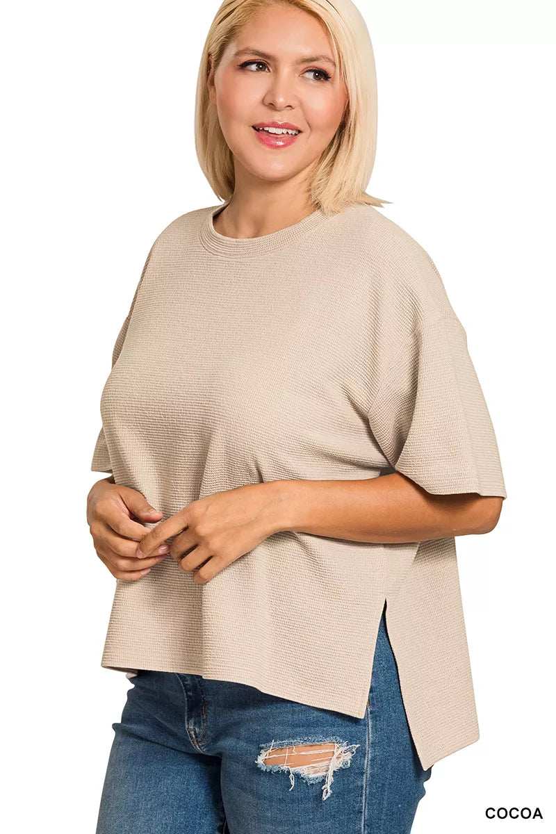 Zenana Full Size Double Knit Side Slits Hi Low Short Sleeve Top Plus Size - Trendsi - Flyclothing LLC