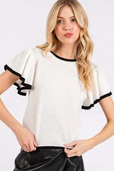 Mittoshop Contrast Trim Ruffled Cap Sleeve Knit Top - Trendsi - Flyclothing LLC