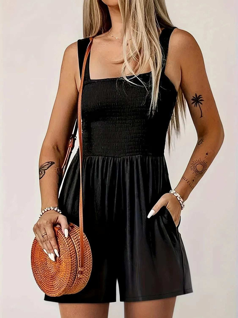 Full Size Smocked Wide Strap Romper Plus Size - Trendsi - Flyclothing LLC