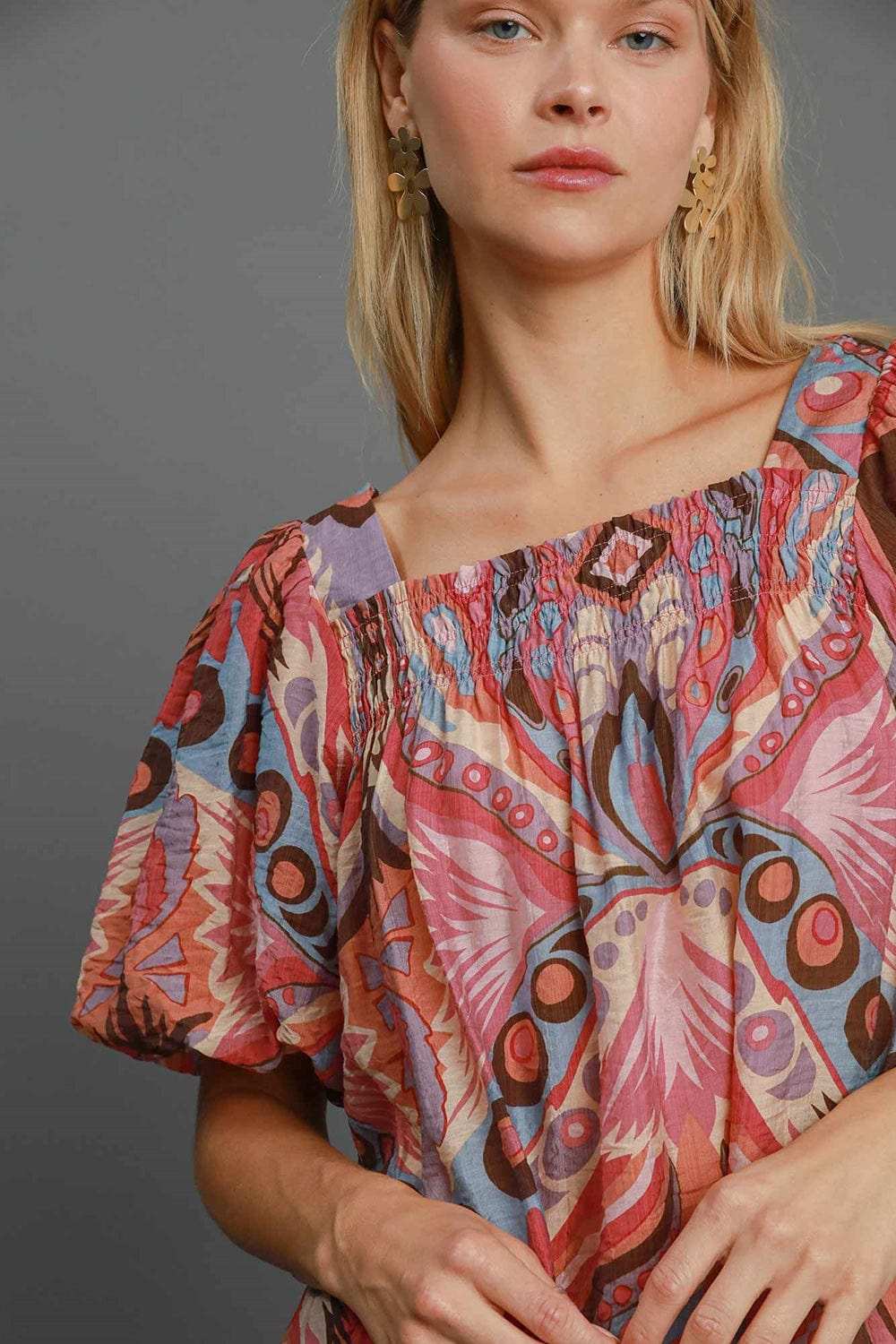 Umgee Full Size Abstract Print Smocked Square Neck Puff Sleeve Blouse - Trendsi - Flyclothing LLC