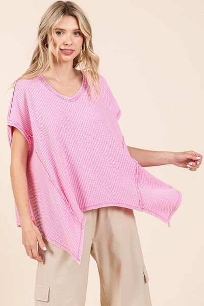 Mittoshop Mineral Wash Waffle Knit Pointed Hem Oversized Top - Trendsi - Flyclothing LLC