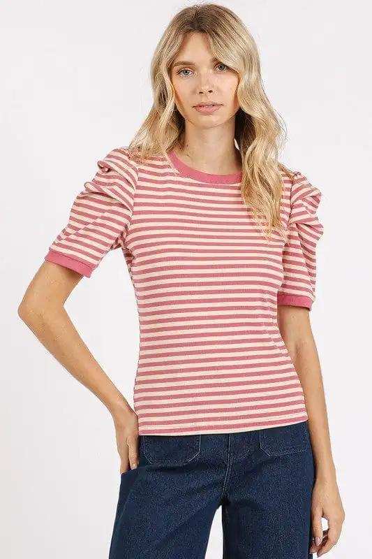 Mittoshop Striped Round Neck Puff Sleeve T-Shirt - Trendsi - Flyclothing LLC