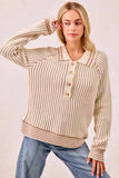 BiBi Half Button Ribbed Two Tone Sweater - Trendsi - Flyclothing LLC