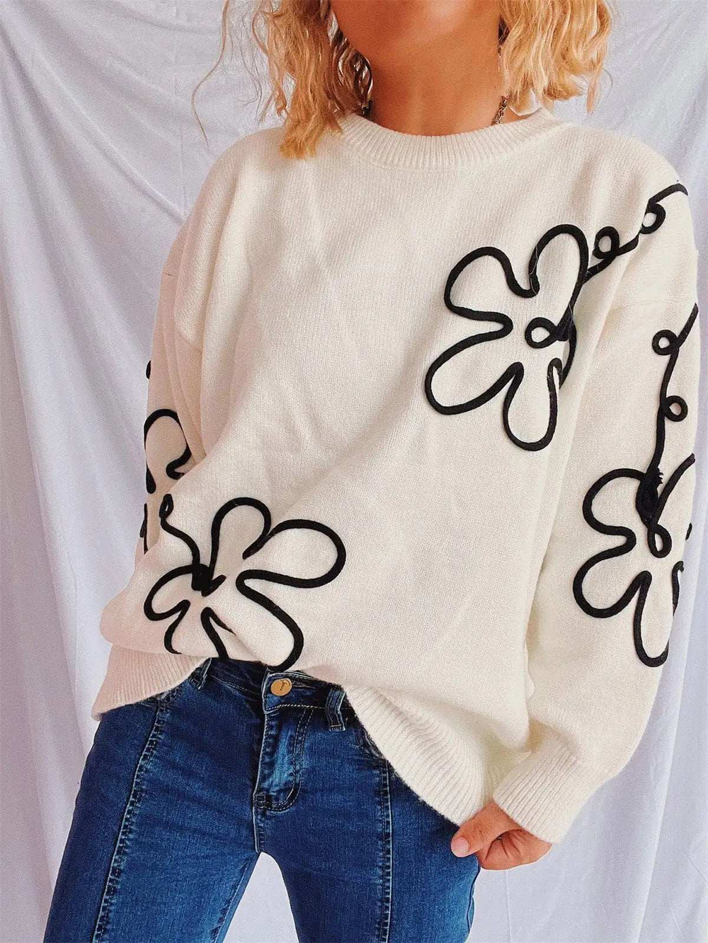 Flower Round Neck Long Sleeve Sweater - Trendsi - Flyclothing LLC