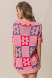 BiBi Flower Checker Pattern Short Sleeve Sweater - Trendsi - Flyclothing LLC