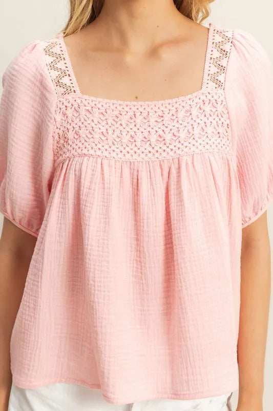 HYFVE Crochet Detail Puff Sleeve Peasant Top - Trendsi - Flyclothing LLC