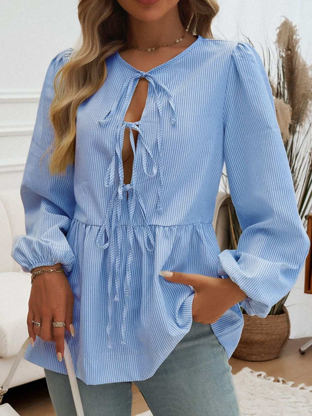 Devine Tied Striped Long Sleeve Blouse - Trendsi - Flyclothing LLC