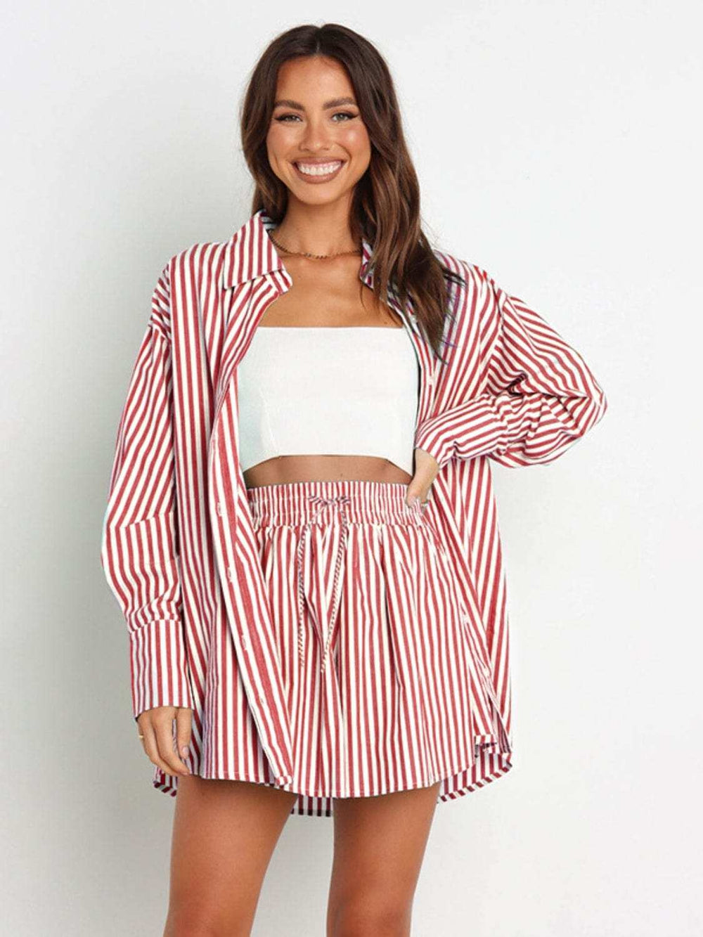 Striped Dropped Shoulder Shirt and Shorts Set - Trendsi - Flyclothing LLC