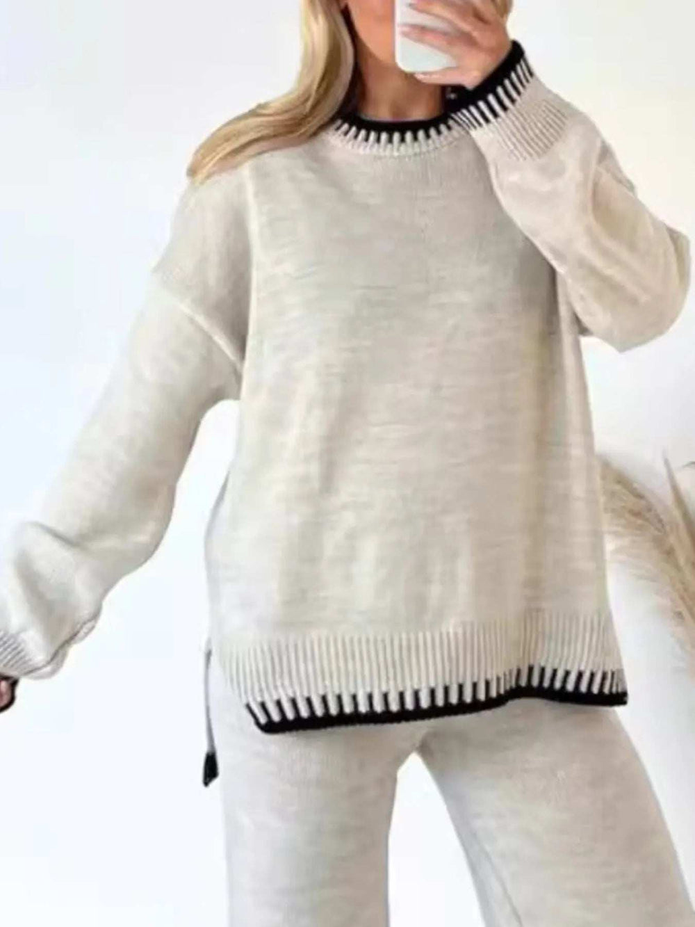 Contrast Trim Round Neck Top and Pants Sweater Set - Trendsi - Flyclothing LLC