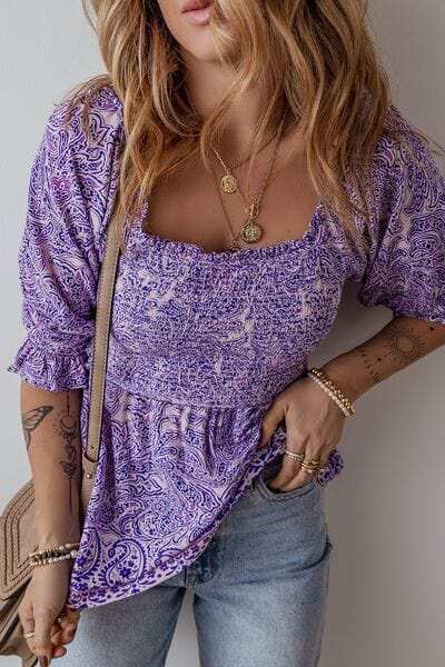 Printed Square Neck Half Sleeve Blouse - Trendsi - Flyclothing LLC