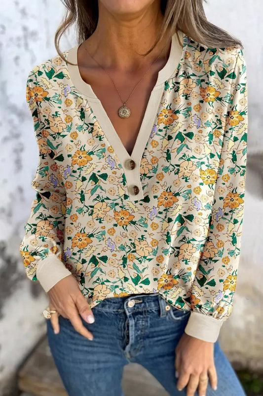 Floral Print Notched Long Sleeve Blouse - Trendsi - Flyclothing LLC