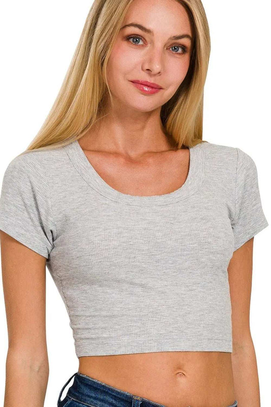 Zenana Ribbed Scoop Neck Crop Short Sleeve Top - Trendsi - Flyclothing LLC