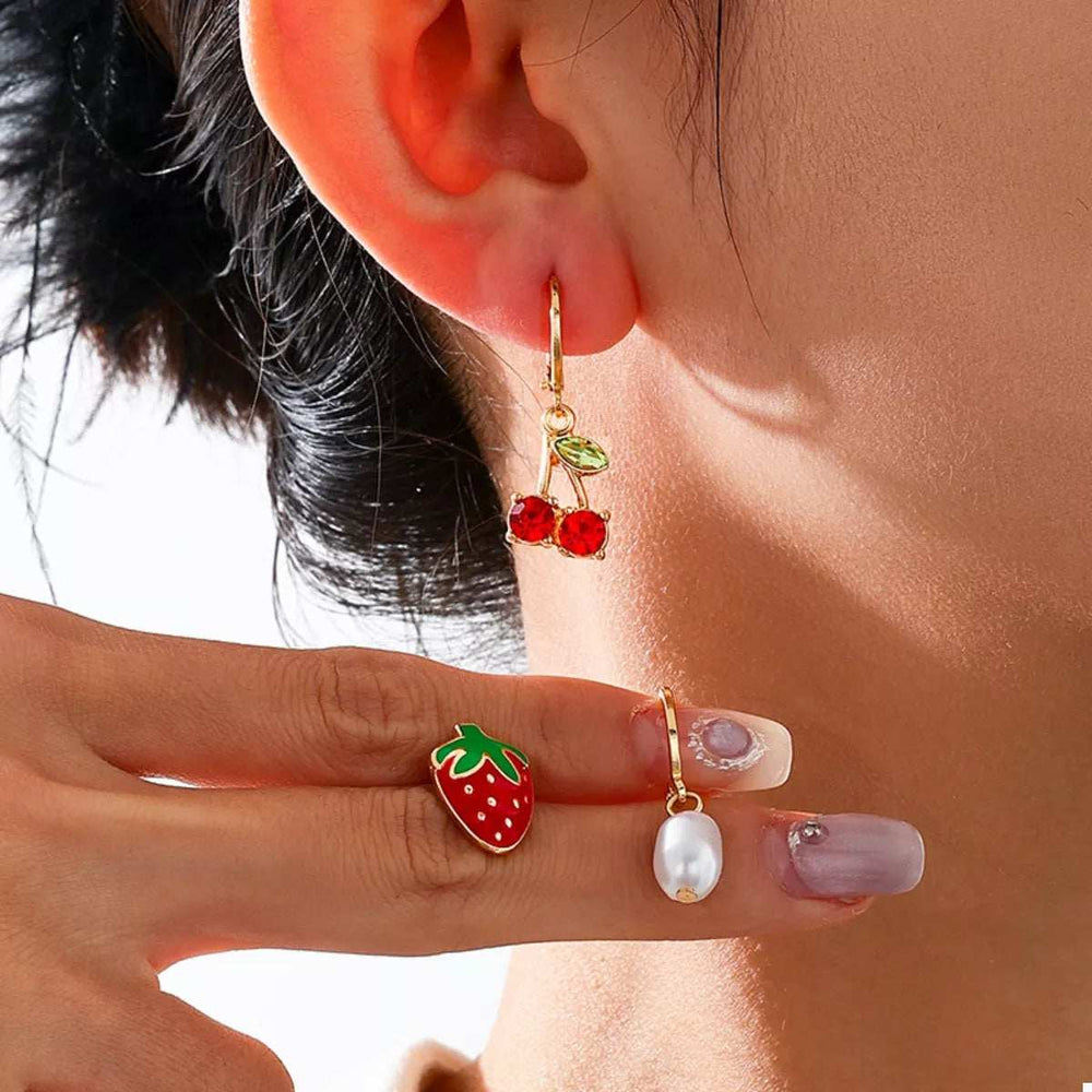 3 Piece 18K Gold-Plated Strawberry Cherry and Pearl Earrings - Trendsi - Flyclothing LLC