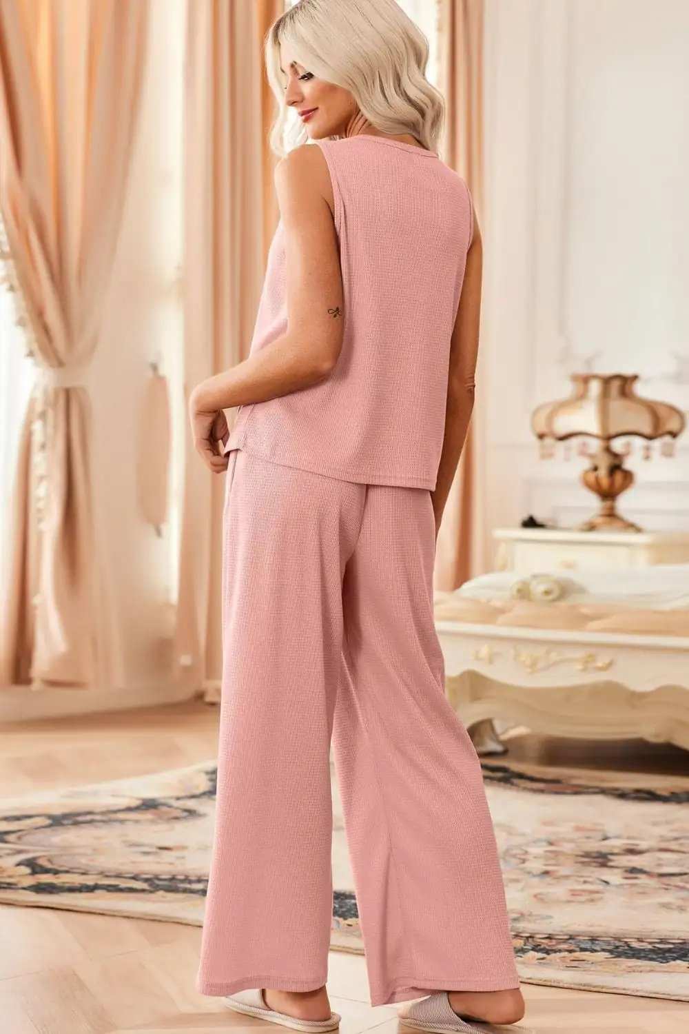 Waffle-Knit Round Neck Tank and Pants Set - Trendsi - Flyclothing LLC