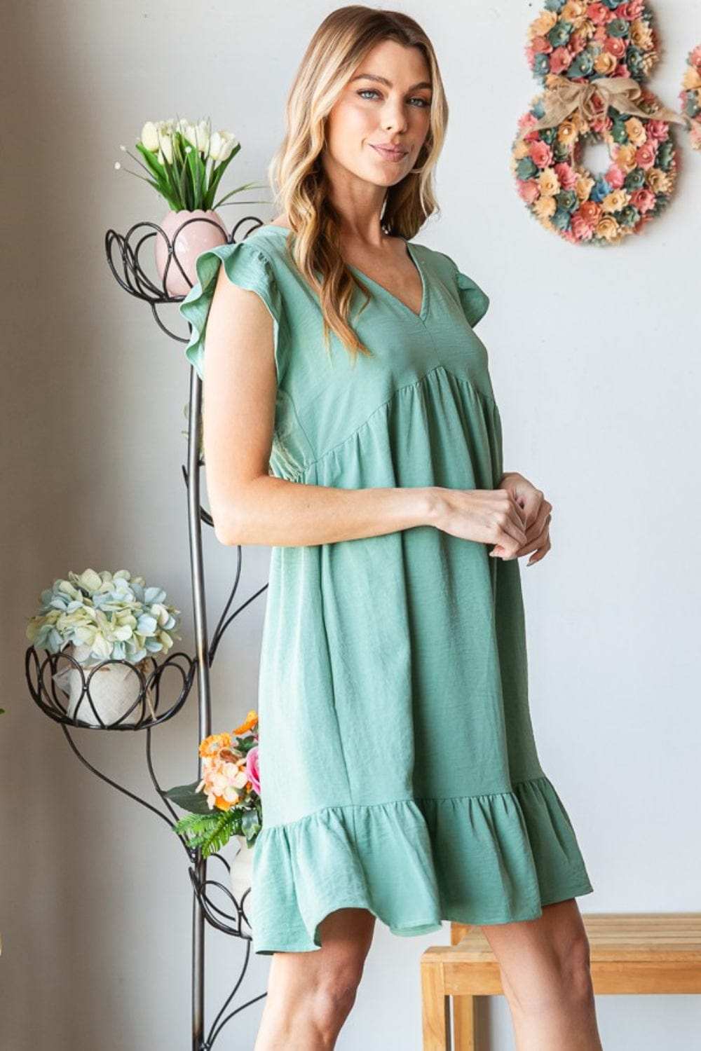 Heimish Full Size Short Sleeve V Neck Ruffled Hem Dress - Trendsi - Flyclothing LLC