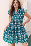 Printed Tie Neck Ruffled Cap Sleeve Dress - Trendsi - Flyclothing LLC