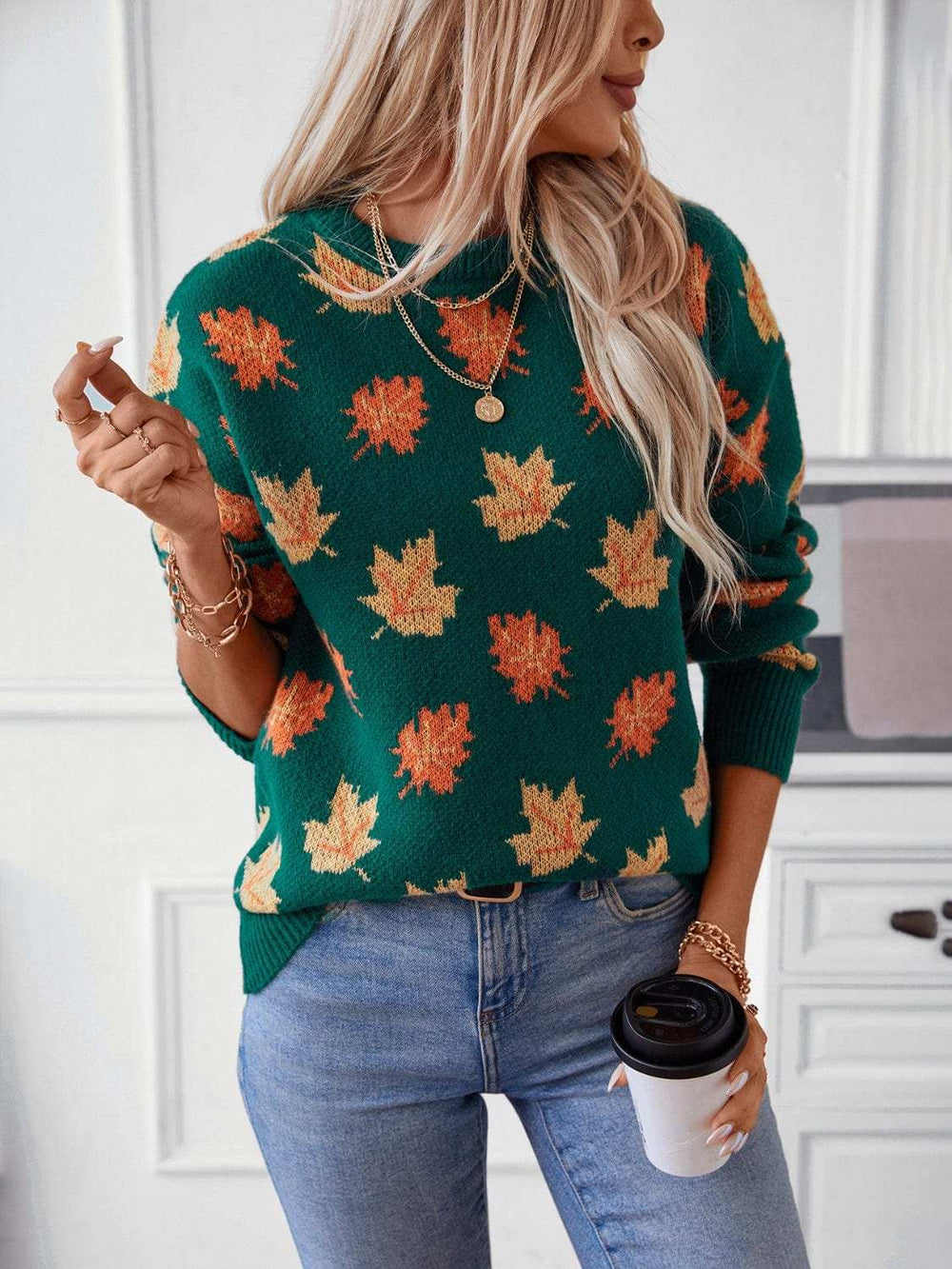Maple Leaf Round Neck Long Sleeve Sweater - Trendsi - Flyclothing LLC