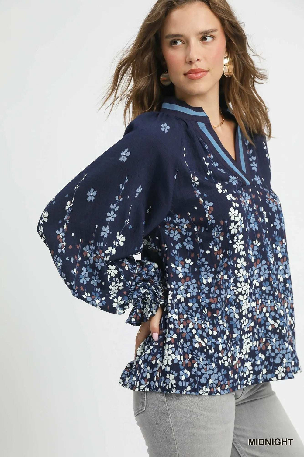 Umgee Full Size Floral Vine Print Blouse with Balloon Sleeves Plus Size - Trendsi - Flyclothing LLC