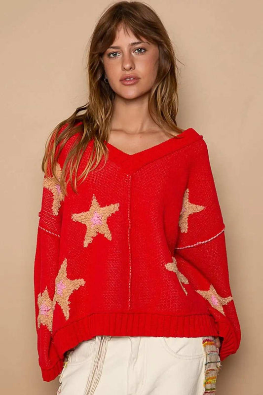 POL Long Sleeve Star Patch Sweater - Trendsi - Flyclothing LLC