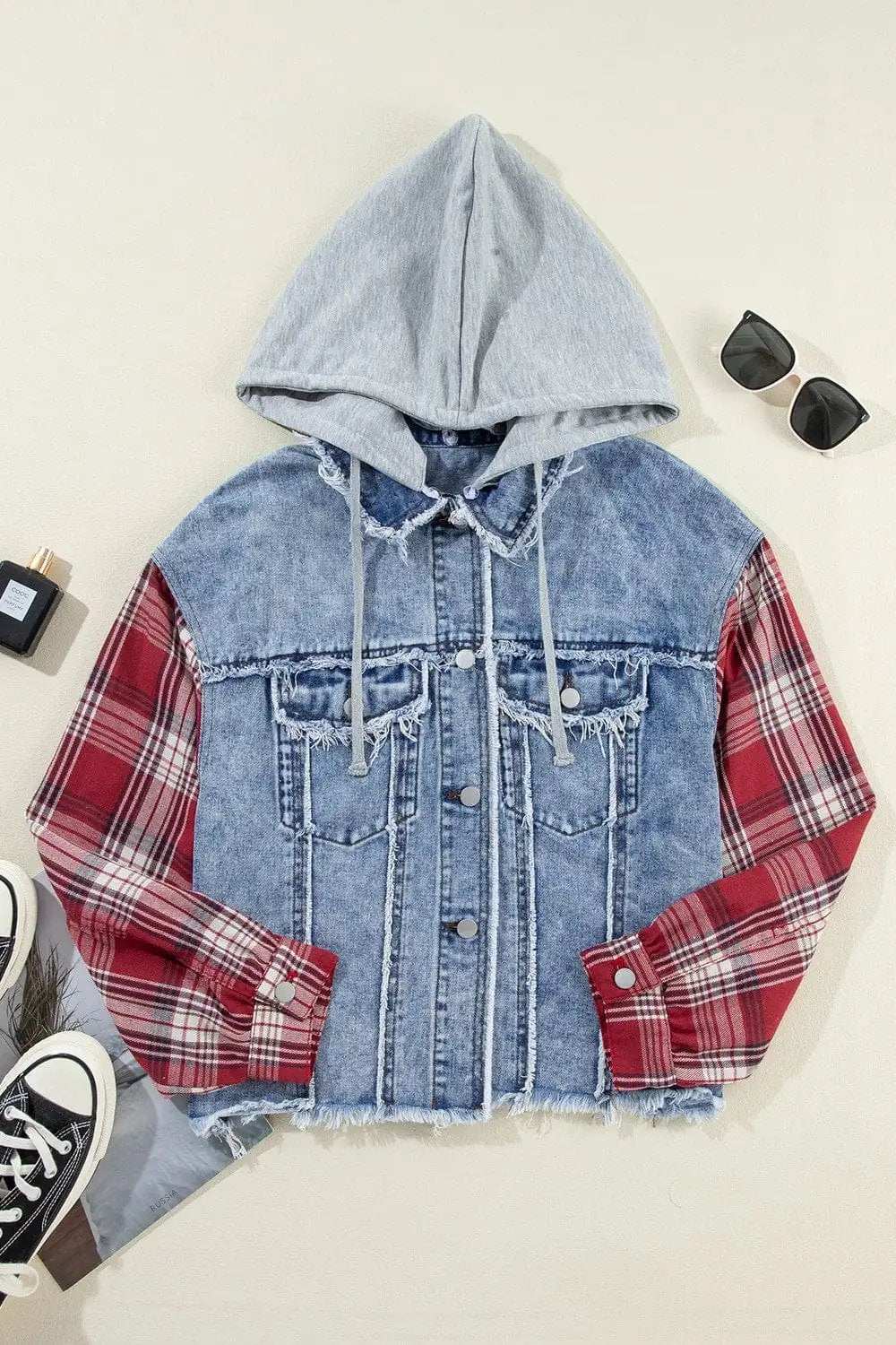 Raw Hem Drawstring Plaid Denim Jacket - Trendsi - Flyclothing LLC