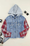 Raw Hem Drawstring Plaid Denim Jacket - Trendsi - Flyclothing LLC