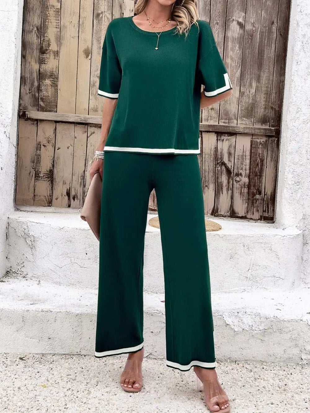 Contrast Trim Round Neck Top and Pants Set - Trendsi - Flyclothing LLC