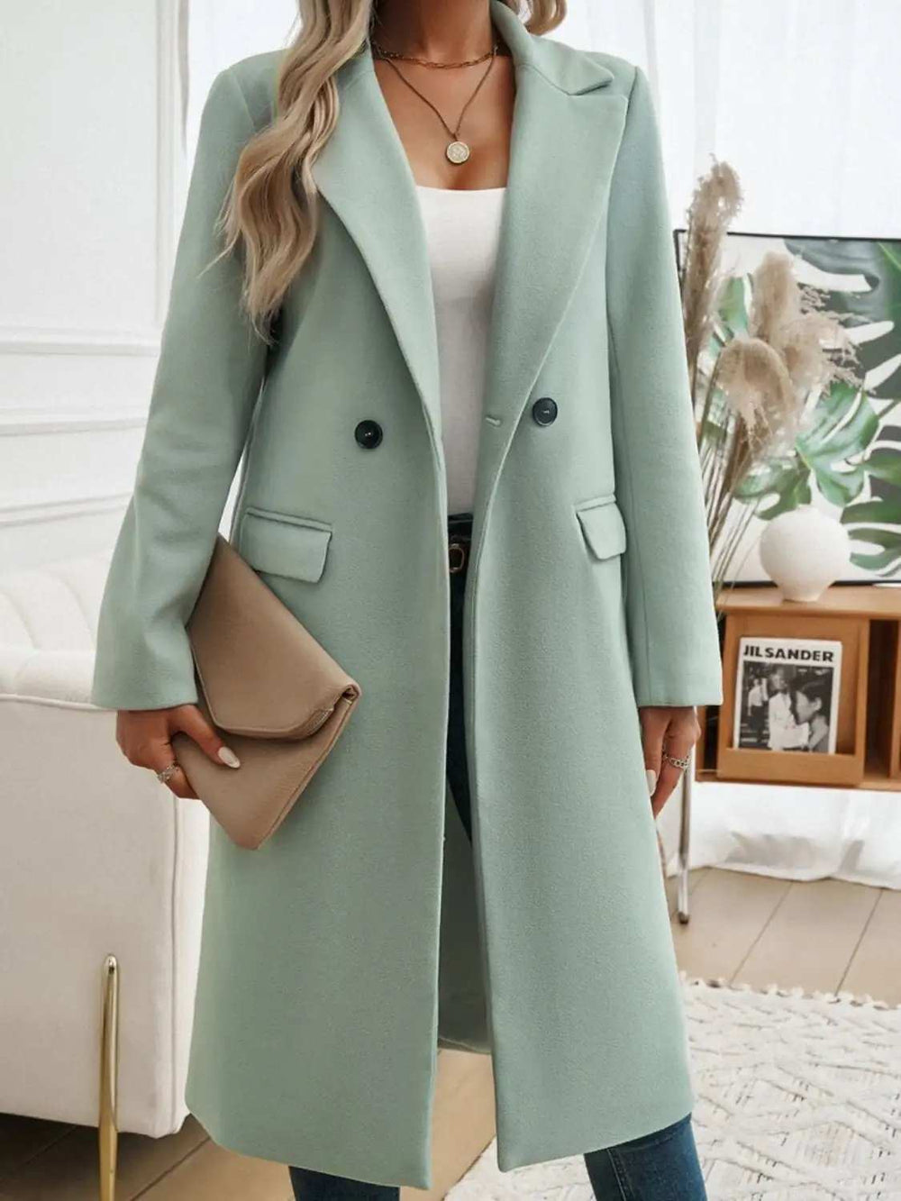 Pocketed Collared Neck Long Sleeve Coat - Trendsi - Flyclothing LLC