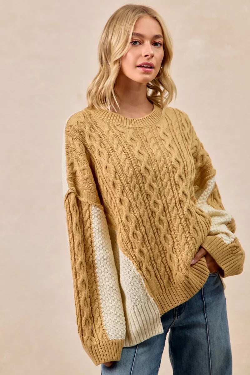 BiBi Cable Knit With Hacci Combo Sweater With Uneven Hem Detail - Trendsi - Flyclothing LLC