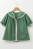 Ric Rac Trim Tie Neck Short Sleeve Blouse - Trendsi - Flyclothing LLC