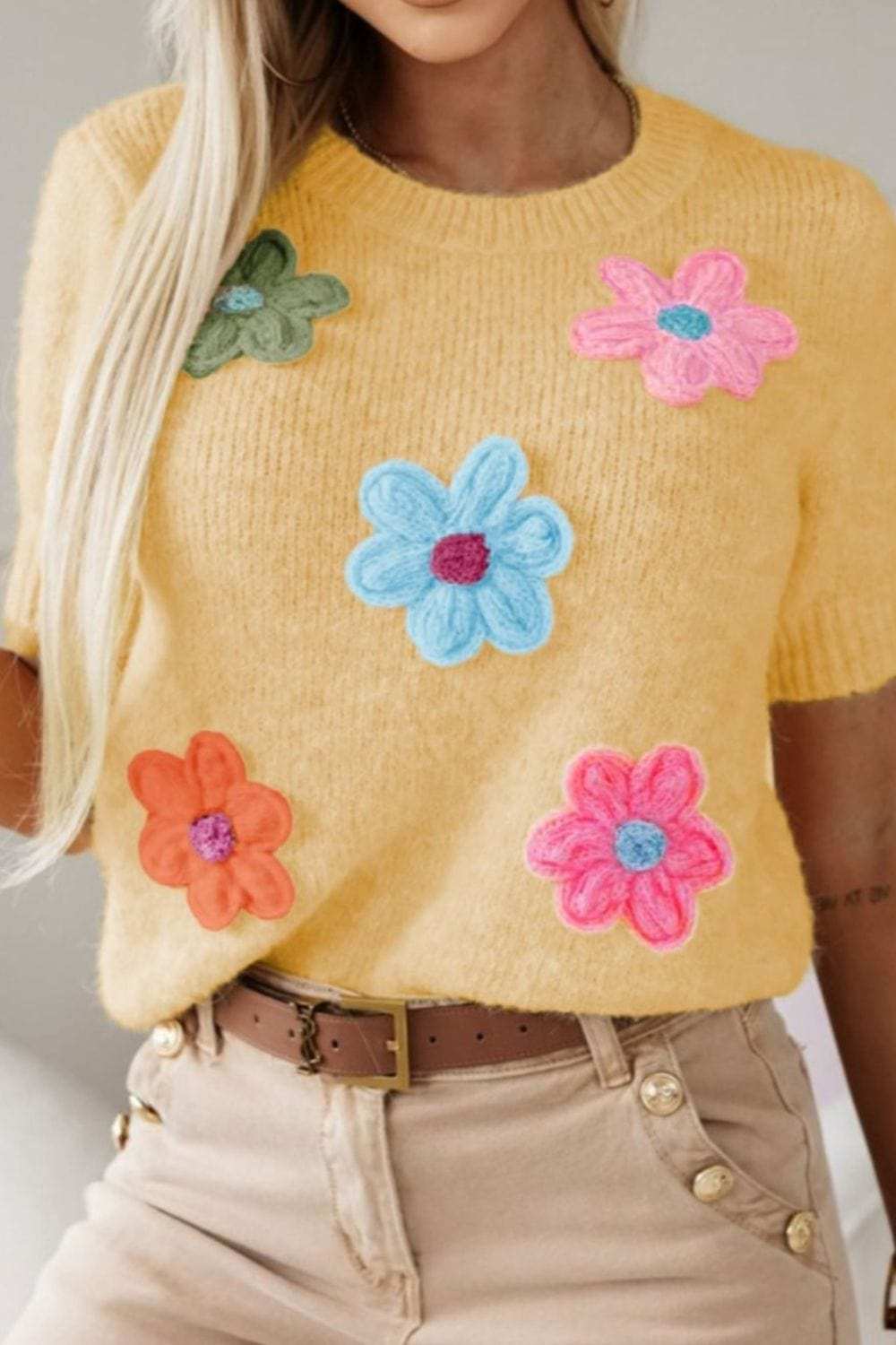 Flower Round Neck Short Sleeve Sweater - Trendsi - Flyclothing LLC