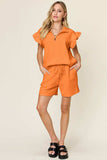 Double Take Full Size Texture Flounce Sleeve Top and Drawstring Shorts Set - Trendsi - Flyclothing LLC