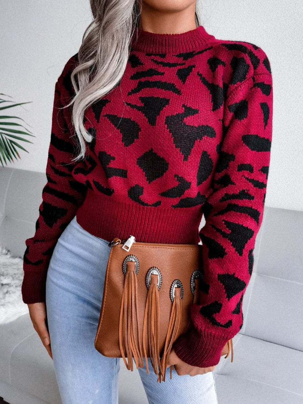 Leopard Round Neck Dropped Shoulder Sweater - Trendsi - Flyclothing LLC