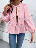 Ivy Lane Peplum Tied Long Sleeve Blouse - Trendsi - Flyclothing LLC