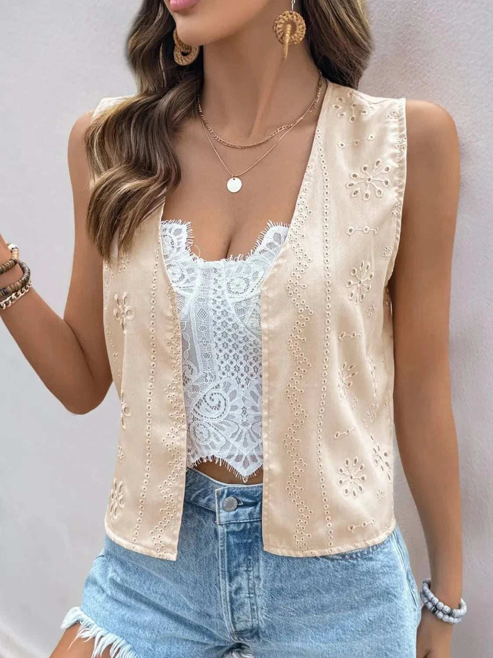 Eyelet Open Front Vest - Trendsi - Flyclothing LLC