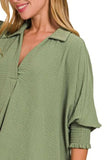 Zenana Airflow Collar Tee with Smocked Sleeve Band Top - Trendsi - Flyclothing LLC