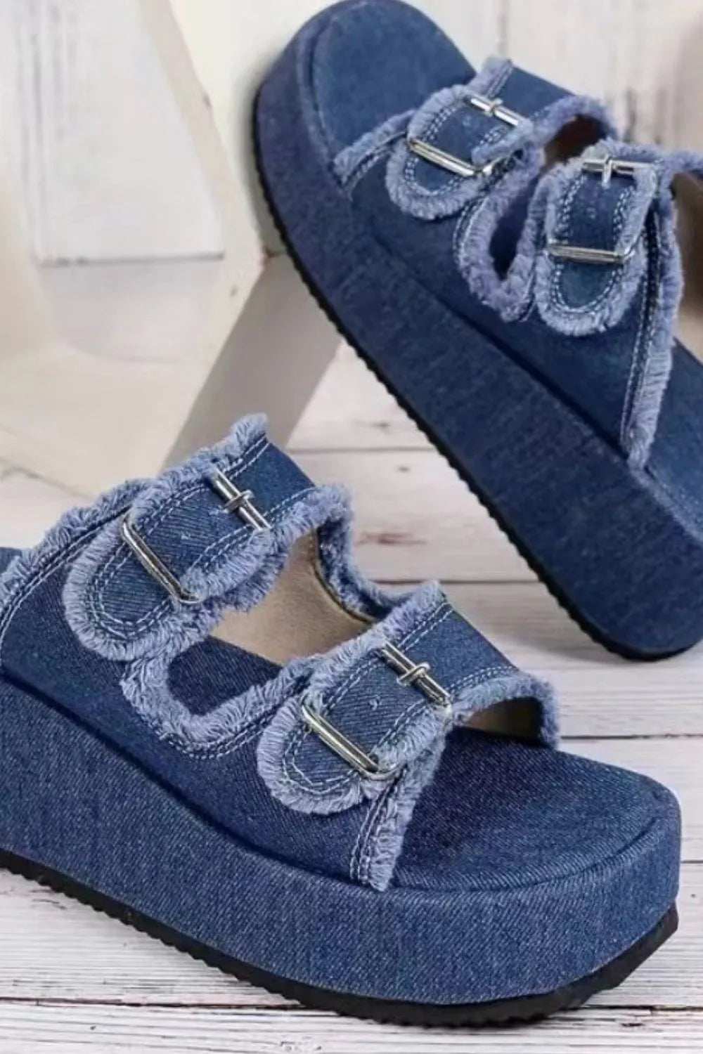 Raw Hem Wedge Buckle Sandals - Trendsi - Flyclothing LLC