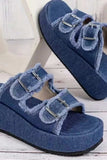 Raw Hem Wedge Buckle Sandals - Trendsi - Flyclothing LLC