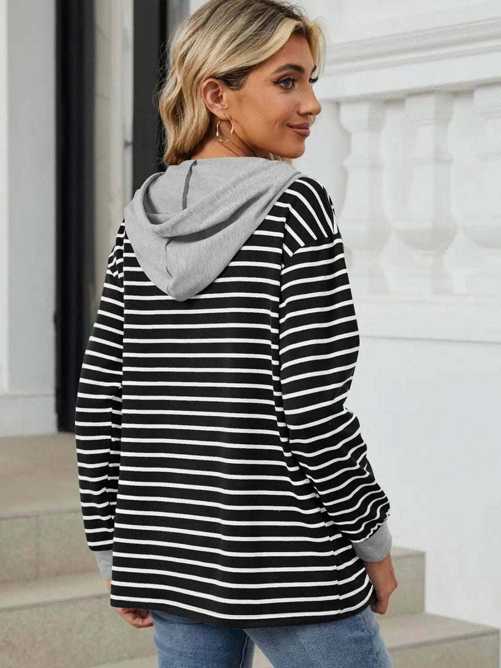 Drawstring Striped Long Sleeve Hoodie - Trendsi - Flyclothing LLC