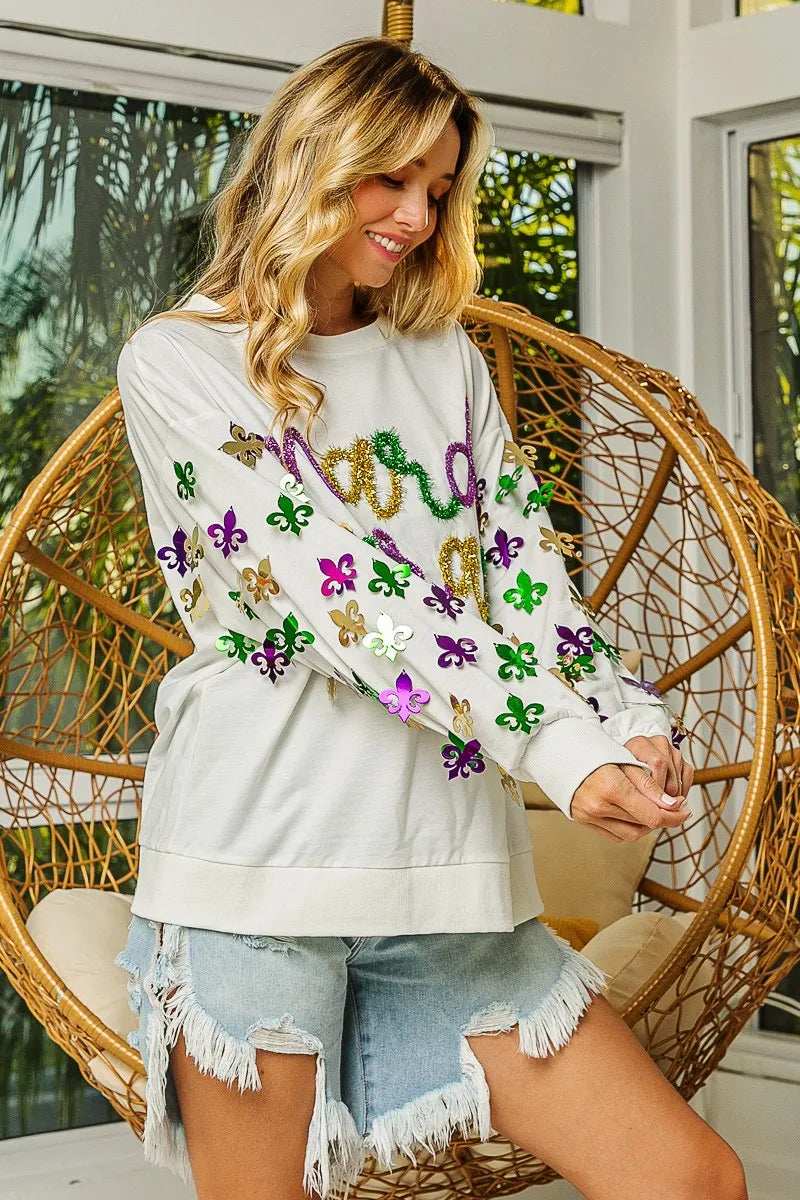 BiBi Fleur De Lis Sleeve Mardi Gras Pullover - Trendsi - Flyclothing LLC