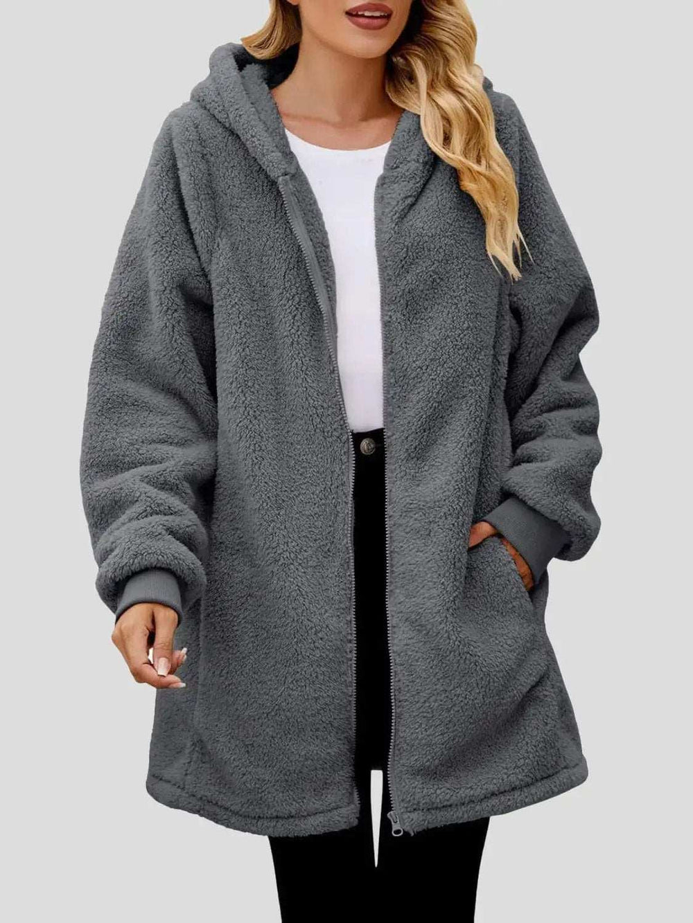 Fuzzy Pocketed Zip Up Long Sleeve Hooded Jacket - Trendsi - Flyclothing LLC