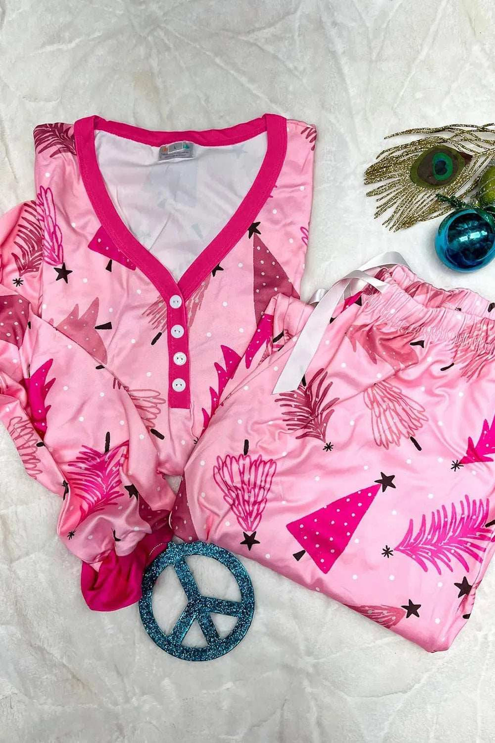 Printed V-Neck Long Sleeve Top and Pants Lounge Set - Trendsi - Flyclothing LLC