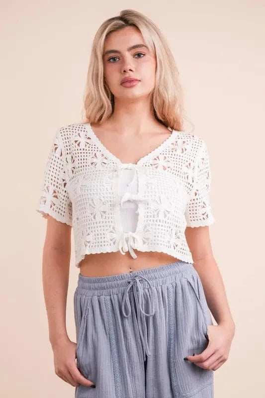 VERY J Front Tie Crochet Crop Top - Trendsi - Flyclothing LLC