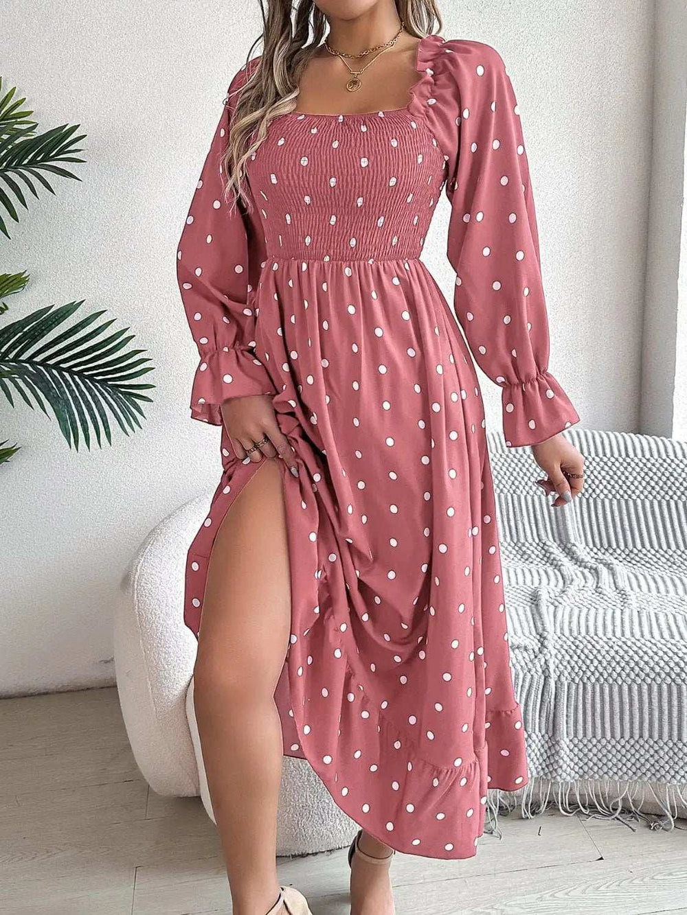 Polka Dot Flounce Sleeve Midi Dress - Trendsi - Flyclothing LLC