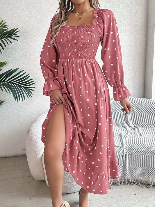 Polka Dot Flounce Sleeve Midi Dress - Trendsi - Flyclothing LLC