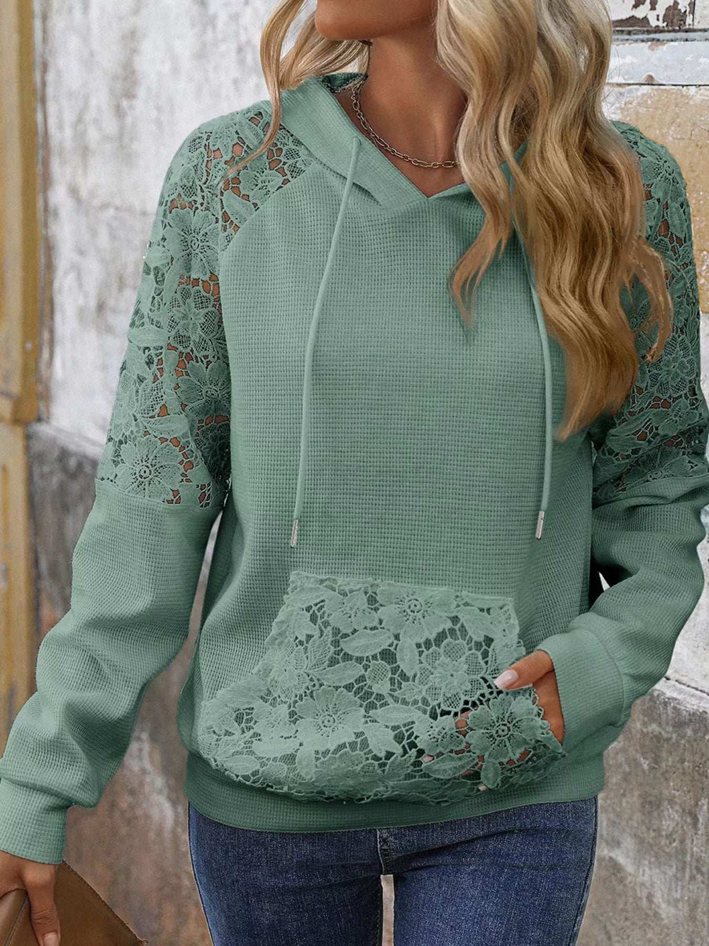 Lace Detail Drawstring Long Sleeve Hoodie - Trendsi - Flyclothing LLC