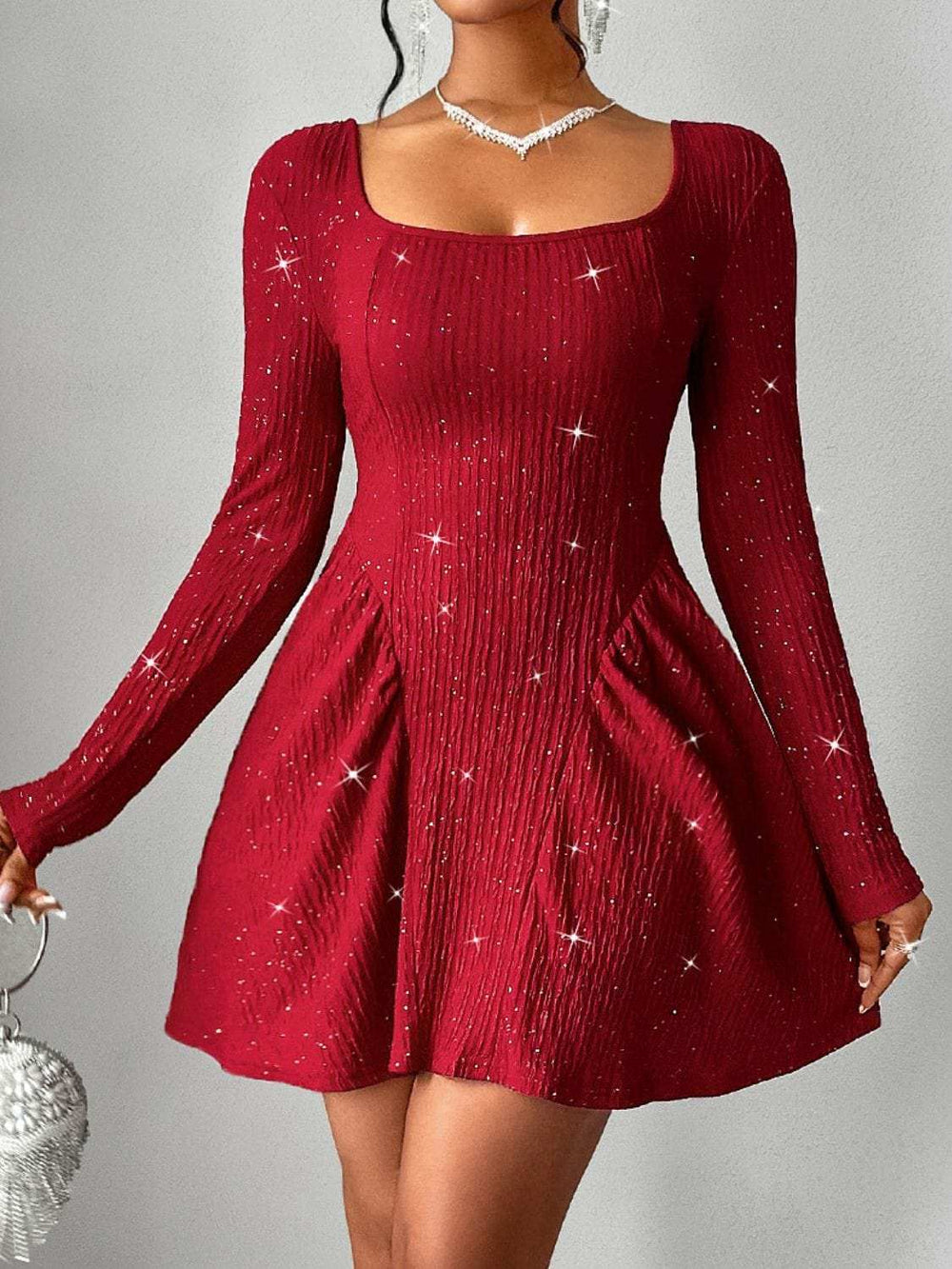 Backless Glitter Square Neck Long Sleeve Mini Dress - Trendsi - Flyclothing LLC